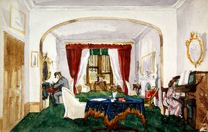 Olohuoneen sisustus, nainen pianon ääressä, mies keilahattukirjoituksessa, n.1850 (akvarelli paperille) tekijältä English School