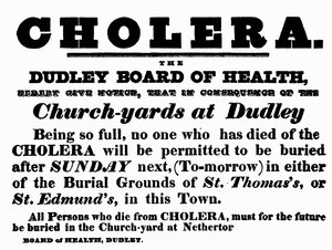 Dudley Board of Health -juliste, jossa kerrotaan koleraan kuolleiden ihmisten hautausmenettelystä, noin 1840-luku