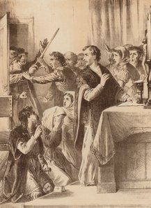Edmund Genings, "Rikkoi auki kamarin oven, jossa hän juhli" (litografia). tekijältä English School