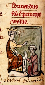 Edward of Caernarvon [Edward II] loi Walesin prinssin ja Earl of Chesterin isänsä, kuningas Edward I:n toimesta Lincolnin parlamentissa, kuvitus Chronica Roffensesta, kirjoittanut Matthew Paris, 7. helmikuuta 1301 (vellum) tekijältä English School
