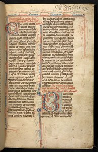 Egerton 3142, f.1r, Teksti valaistulla alkukirjaimella "B", Historia Regum Britanniaesta, Geoffrey, Monmouth, n. 1294 (vellum) tekijältä English School