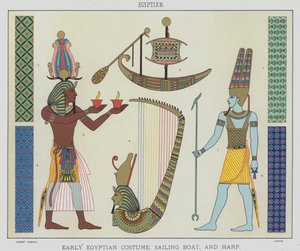 Egyptiläinen, varhainen egyptiläinen puku, purjevene ja harppu (väri litho) tekijältä English School