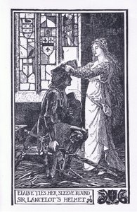 Elaine sitoo hihansa Sir Lancelotin kypärän ympärille, kuvitus Longmans Greenin ja Co:n julkaisemasta The Book of Romance -kirjasta tekijältä English School