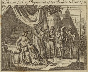 Kastilian Eleanor, Englannin kuninkaan Edward I:n kuningatar puoliso, joka imi myrkkyä miehensä haavasta, kärsi salamurhayrityksestä Acressa, 1272 tekijältä English School