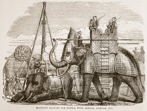 Taisteluihin varusteltu norsu, panssari, howdah jne., kuvitus James Grantin pubista Cassells Illustrated History of India. 1879 tekijältä English School