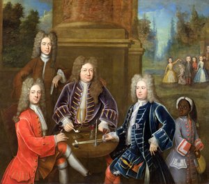 Elihu Yale (1648-1721), Devonshiren toinen herttua, lordi James Cavendish, herra Tunstal ja palvelija, noin 1708.