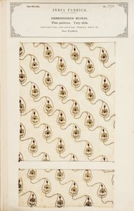Brodeerattu musliininäyte Madrasista, kokoelmasta The Collection of the Textile Manufacturers of India, John Forbes Watson, julkaistiin vuonna 1866 tekijältä English School