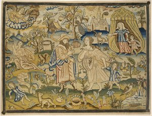 Brodeerattu kuva: Abraham erotti Hagarin, 1600-luvun puoliväli (silkkilangat pellavassa) tekijältä English School