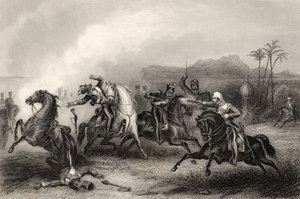 Luutnantti Hillsin ja Sepoyn ratsuväen ruumiin välinen kohtaaminen vuonna 1858 julkaistusta "Intian kapinan historiasta" tekijältä English School