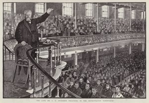 Erityinen englantilainen baptistisaarnaaja Charles Haddon Spurgeon saarnaa Metropolitan Tabernaclessa Lontoossa (litho) tekijältä English School