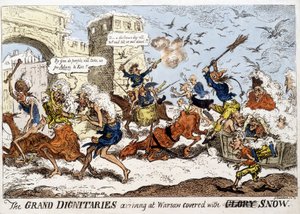 Englanninkielinen sarjakuva Napoleonin armeijan saapumisesta Varsovaan lumisateessa venäläisten perääntymisen jälkeen joulukuussa 1812. tekijältä English School