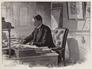 Englantilainen poliitikko George Curzon töissä toimistossaan Intian toimistossa (litho) tekijältä English School