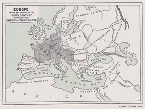 Eurooppa 1800-luvun alussa, jossa näkyy Kaarle Suuren valtakunta (värilitografia). tekijältä English School