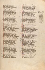 F98r, Ms New Coll 266, De confessio amantis, kirjoittanut John Gower (kynä ja muste perunakalvolla) tekijältä English School
