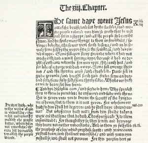 Faksimile of St. Matthews Gospel, luku XIII, jakeet 1-15, Tyndales Testamentista, kuvitus James Aitken Wylien (1808-1890) teoksesta The History of Protestantism, pub. 1878 tekijältä English School