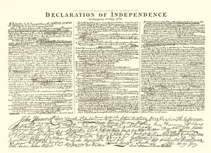 Faksimile Thomas Jeffersonin itsenäisyysjulistuksen alkuperäisestä luonnoksesta kongressissa 4. heinäkuuta 1776 tekijältä English School