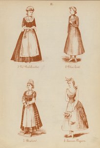 Naamiaisasut: Rouva Balchristie, sinitakki, bretoni, kirjekyyhkynen (litografia). tekijältä English School