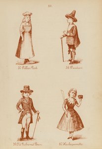 Naamiaisasut: Pillar Post, Puritan, Old Fashioned Bean, Harlequinette (litografia). tekijältä English School