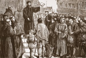 Farel saarnaa Neuchatelin torilla, esimerkki James Aitken Wylien (1808-1890) teoksesta The History of Protestantism, pub. 1878 tekijältä English School