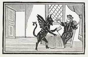 Faustus varoitti Hengen odottamaan hänen loppuaan, kuvitus John Ashtonin kirjasta Chap-books of the Eightenth Century, pub. 1882 tekijältä English School