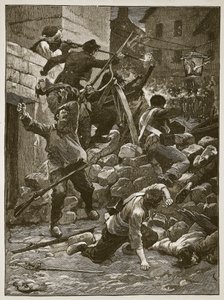 Taistelut barrikadeilla Pariisissa, kuvitus Cassells Illustrated History of Englandista (seepiakuva) tekijältä English School