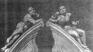 Figuurit Bethlehemin sairaalan portin yli, kaiverrus A. Birrell Lamberts History of London, 1805 tekijältä English School
