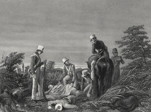 24. rykmentin värien löytäminen Chillianwallahin taistelun jälkeen, n. 1850 (kaiverrus) tekijältä English School