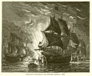 Palolaivoja hyökkäämässä Espanjan Armadaan, 1588 tekijältä English School