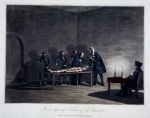 Ensimmäinen inkvisition kidutuksen aste, kaiverrus L.C. Stadler, pubi. kirjoittanut Cadell & Davies, Lontoo, n. 1813 (värikaiverrus) tekijältä English School