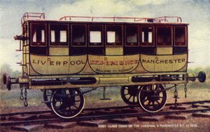 Ensimmäisen luokan valmentaja Liverpoolin ja Manchesterin rautateillä vuonna 1838 (värilitho) tekijältä English School