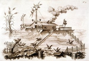 Kalastus merimetsojen kanssa vesiveneellä ja aidatulla aitauksella, kuvitus George Parkerin ja John Stalkerin teoksesta "Atractise of Japaning and Lakkaus...", julkaistu 1688 (litho) tekijältä English School
