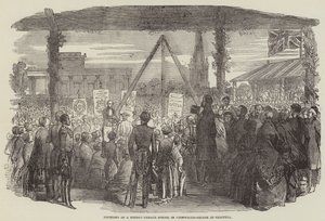 Hindoo-naiskoulun perustaminen Cornwallis-aukiolle Kalkuttaan (kaiverrus) tekijältä English School