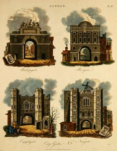 Neljä kaupungin porttia: Bishopsgate, Moorgate, Cripplegate ja Newgate, kaiverrus J. Pass, pub. kirjoittanut G. Jones tekijältä English School