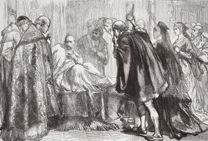 Francis I kuolinvuoteella, kuvitus James Aitken Wylien (1808-1890) teoksesta The History of Protestantism, pub. 1878 tekijältä English School