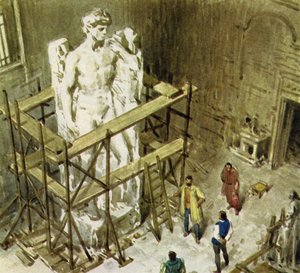 Michaelangelo loi valtavasta marmorilohkareesta Daavidin (värilitografia). tekijältä English School