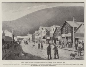 Front Street, Dawson City, joka näyttää lännestä, sellaisena kuin se esiintyi kesällä 1898 (kaiverrus) tekijältä English School