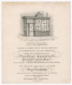 No 3:n etuosa, Sweetings Alley, Cornhill, äskettäin Samuel Knightsin, painomyyjän ja kehysvalmistajan omaisuutta tekijältä English School