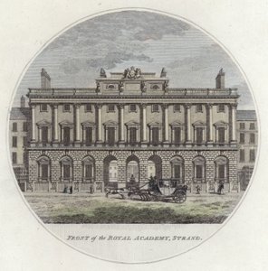 The Royal Academyn edessä, Strand, Lontoo (värillinen kaiverrus) tekijältä English School