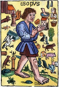 Aesopoksen ""Fables"" etukappale, William Caxtonin (1422? - 1491) Englannissa painamat painokset. tekijältä English School
