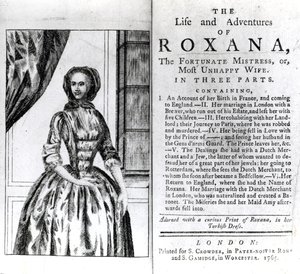 Etukappale ja nimisivu Daniel Defoen Roxanan elämä ja seikkailut, julkaistu 1765 tekijältä English School
