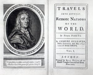 Jonathan Swiftin Gullivers Travelsin etukappale ja otsikkosivu, 1726 tekijältä English School