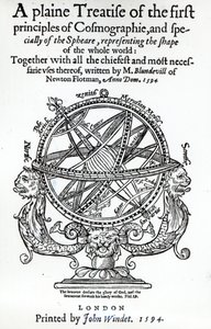 Etukappale Thomas Blundevillen yksinkertaisesta tutkielmasta kosmografian ensimmäisistä periaatteista, julkaistu vuonna 1594 tekijältä English School