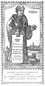 Johannes Gutenbergin etulevy Philip Luckomben kirjapainon alkuperän ja edistymisen tiivistä historiasta, julkaistu 1770 tekijältä English School