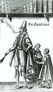 Edward Forsettin Cambridgessa vuonna 1581 valmistetun komedian "Pedantius" etuosa (puupiirros) tekijältä English School