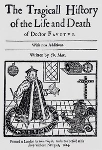 Tohtori Faustuksen elämän ja kuoleman traagisen historian etukappale, Christopher Marklin, n. 1616 tekijältä English School