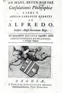 Frontispiece Christopher Rawlinsonille Alfred the Greatsin Boethius De Consolationis Philosophiaen painoksen käännös, 1698 (painettu) tekijältä English School