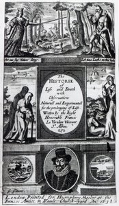 Frontispiece to Francis Bacons The History of Life and Death, julkaistu vuonna 1638 tekijältä English School