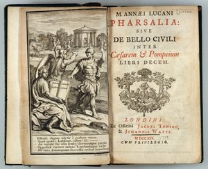 Marcus Annaeus Lucanin (AD 39-65) kaiverrus J. Cole, 1719 Pharsalia tai Caesarin ja Pompeuksen sisällissota tekijältä English School