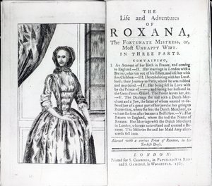 Frontispiece to Roxana, Daniel Defoen onnekas rakastajatar, painos julkaistu vuonna 1765 (painettu) tekijältä English School