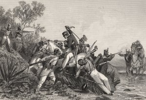 Pakenevia brittiupseereita ja heidän perheitään kapinallisten kimppuun hyökkäämässä, vuodelta 1858 peräisin olevasta teoksesta "The History of the Indian Mutiny" (kaiverrus). tekijältä English School